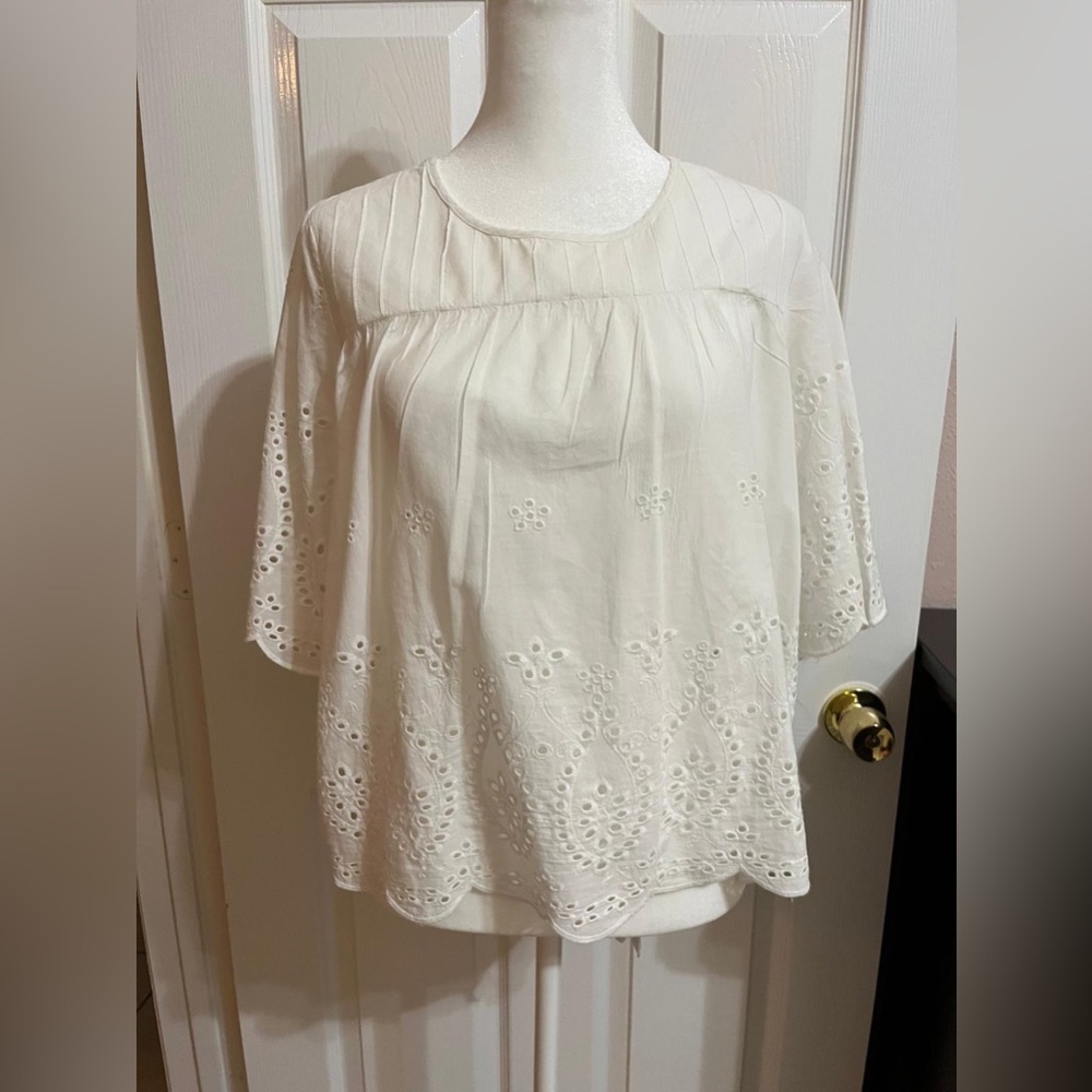 White Eyelet Peasant Blouse - Soft Short-Sleeve Top